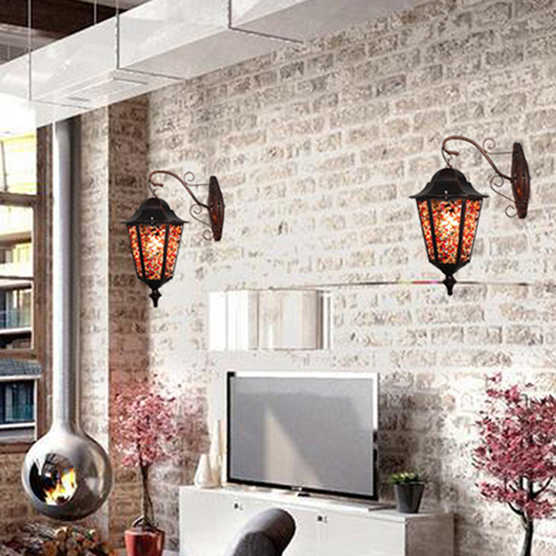 Lantern Restaurant Wall Sconce Lamp Antique Metal 1 Light Red/Yellow/Green Wall Lighting Fixture with Glass Decoration