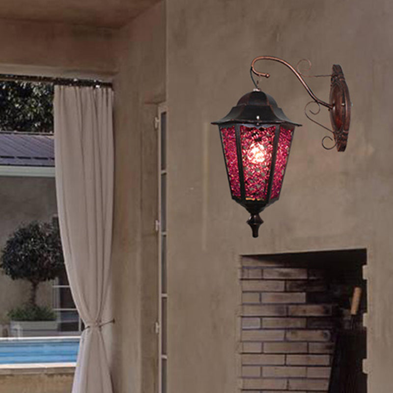 Lantern Restaurant Wall Sconce Lamp Antique Metal 1 Light Red/Yellow/Green Wall Lighting Fixture with Glass Decoration