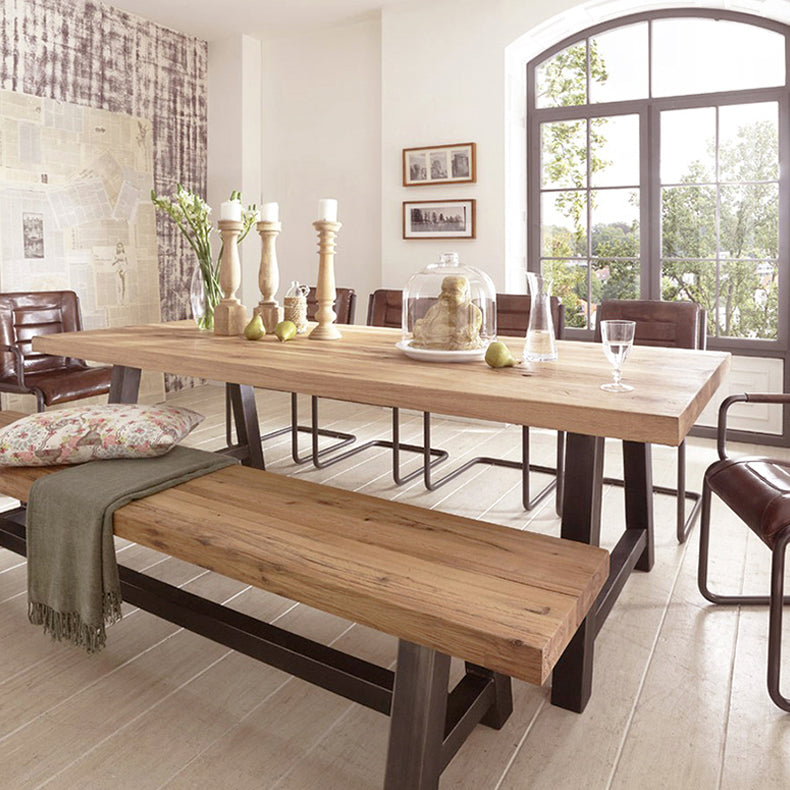 Metal Industrial Rectangle Dining Table Solid Wood Top Table with Trestle Base