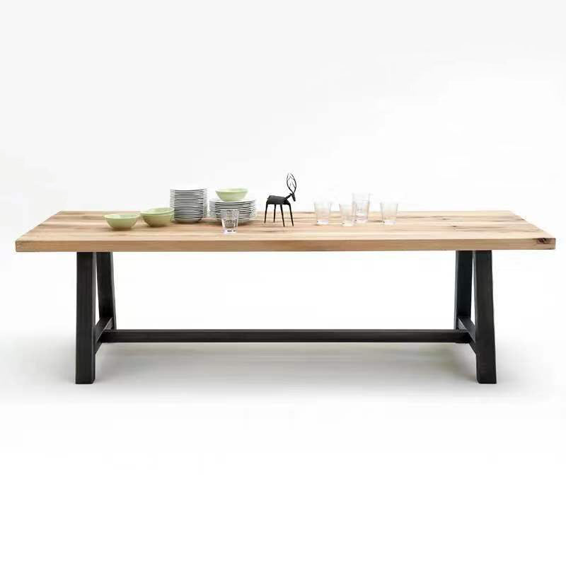 Metal Industrial Rectangle Dining Table Solid Wood Top Table with Trestle Base