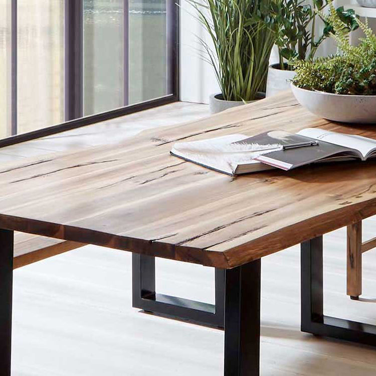 Metal Industrial Rectangle Dining Table Solid Wood Top Table with Sled Base