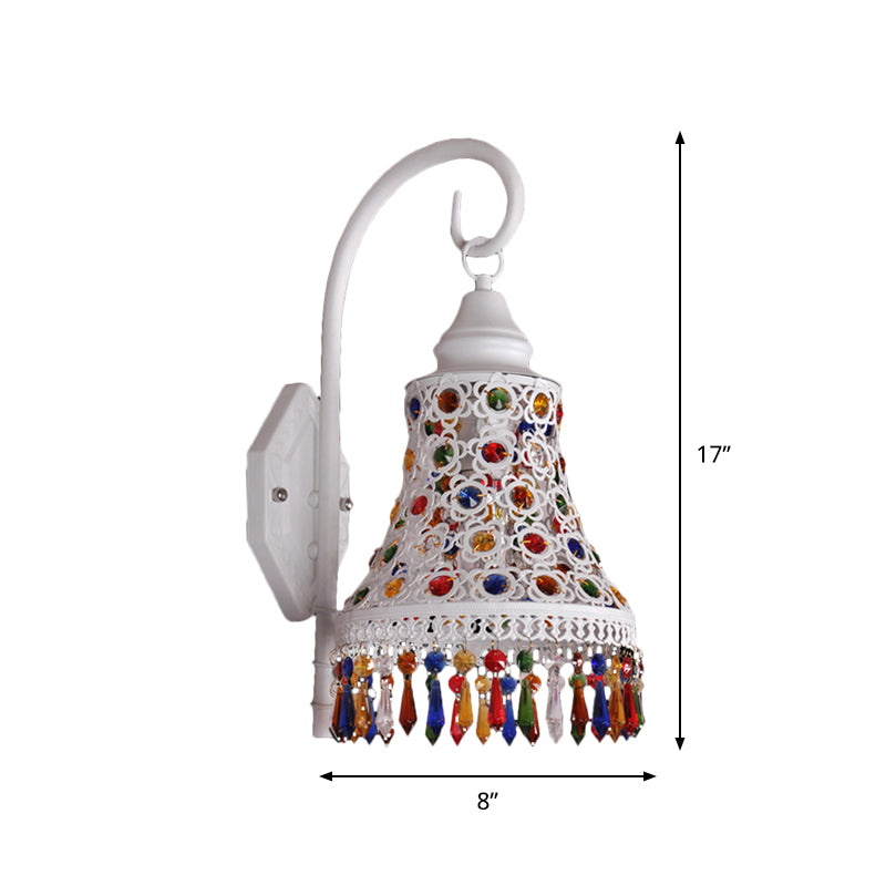 Bell Metal Wall Sconce Light Decorative 1 Bulb Corridor Wall Mount Lighting in White with Dangling Crystal