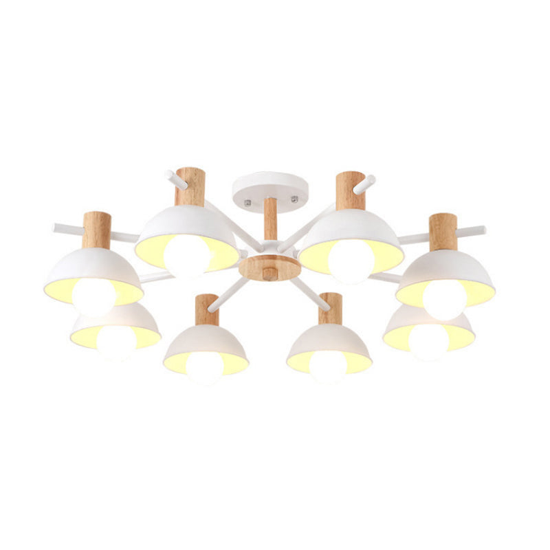 Metallic Bowl Shade Ceiling Light Macaron Style 8-Light Wood Lighting Fixture for Bedroom