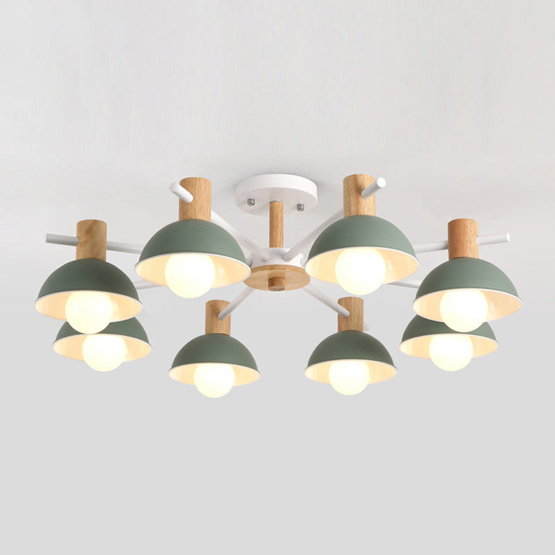 Metallic Bowl Shade Ceiling Light Macaron Style 8-Light Wood Lighting Fixture for Bedroom