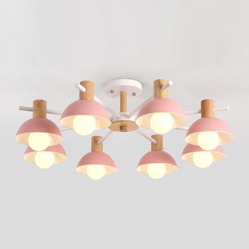 Metallic Bowl Shade Ceiling Light Macaron Style 8-Light Wood Lighting Fixture for Bedroom