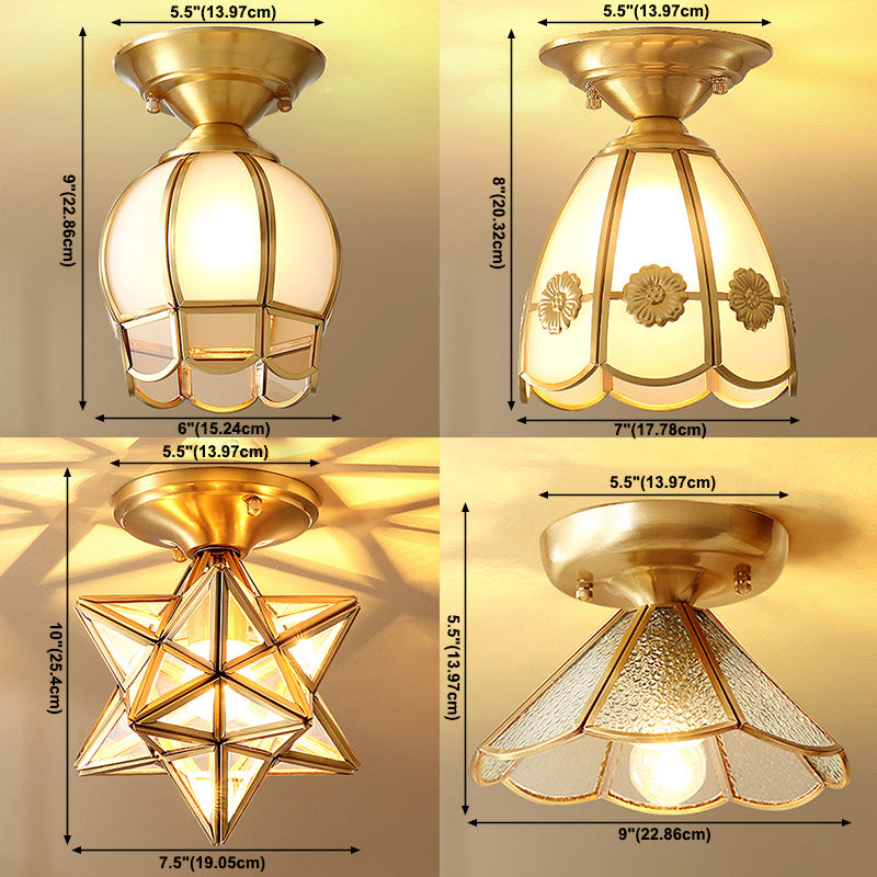 Colonial Style Ceiling Light Glass Shade Metal Semi Flush Mount Light for Living Room