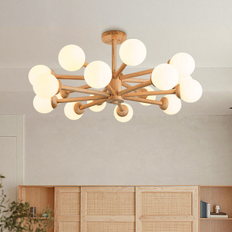Wood Chandelier Nordic Style Pendant Lamp with White Glass Shade for Living Room