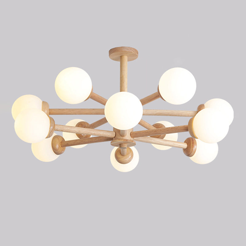 Wood Chandelier Nordic Style Pendant Lamp with White Glass Shade for Living Room