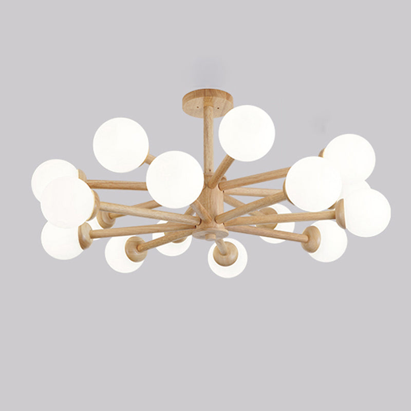 Wood Chandelier Nordic Style Pendant Lamp with White Glass Shade for Living Room