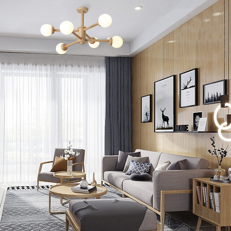 Wood Chandelier Nordic Style Pendant Lamp with White Glass Shade for Living Room