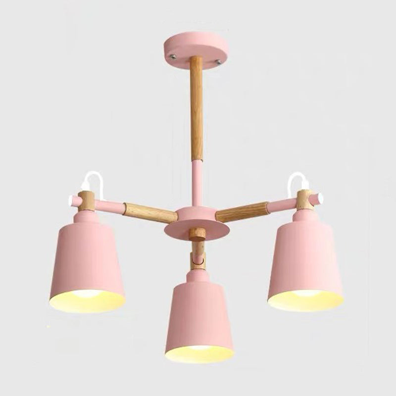 Cone Shade Metal Hanging Lamp Macaron Style Wood Chandelier for Living Room