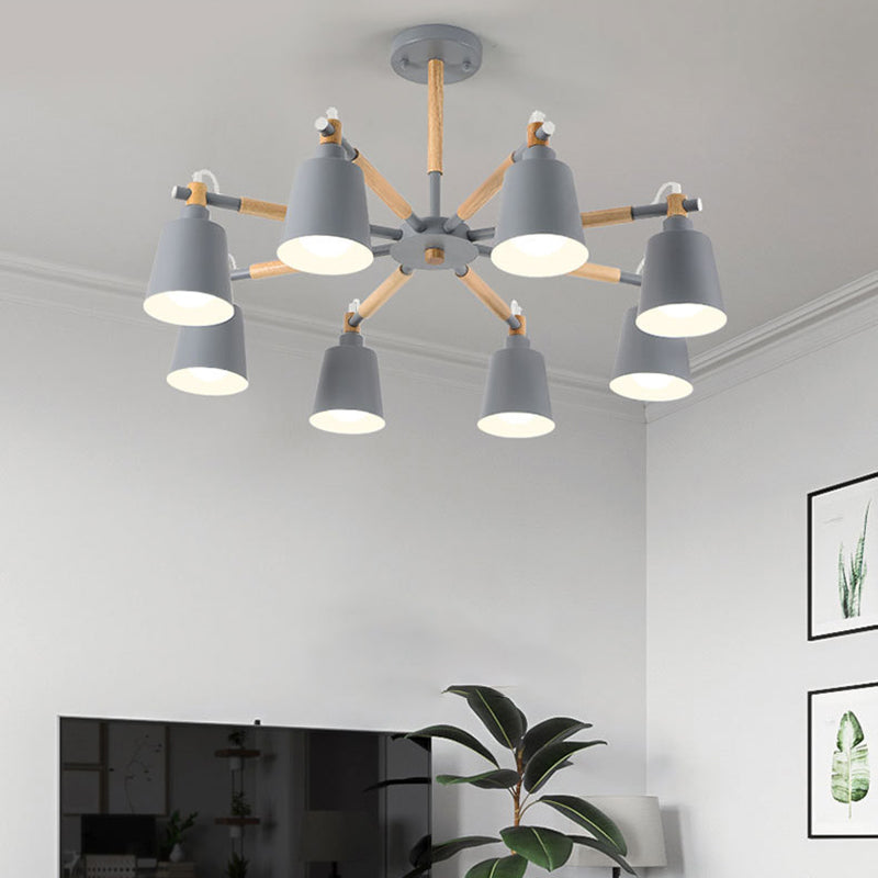 Cone Shade Metal Hanging Lamp Macaron Style Wood Chandelier for Living Room