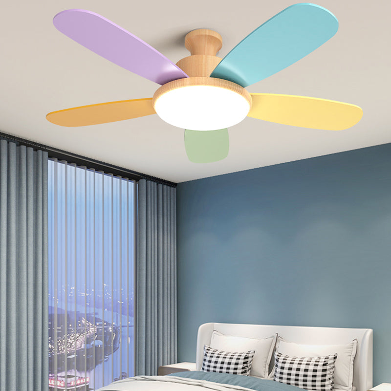 Macaron Flush Mount Fan Lamp Wooden 5 Blades LED Semi Flush Light Fixture for Kids Room