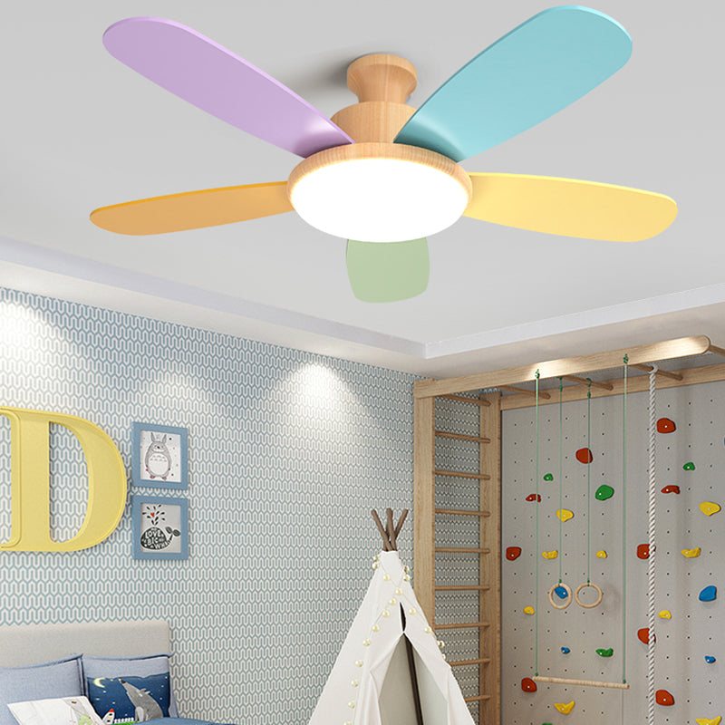 Macaron Flush Mount Fan Lamp Wooden 5 Blades LED Semi Flush Light Fixture for Kids Room