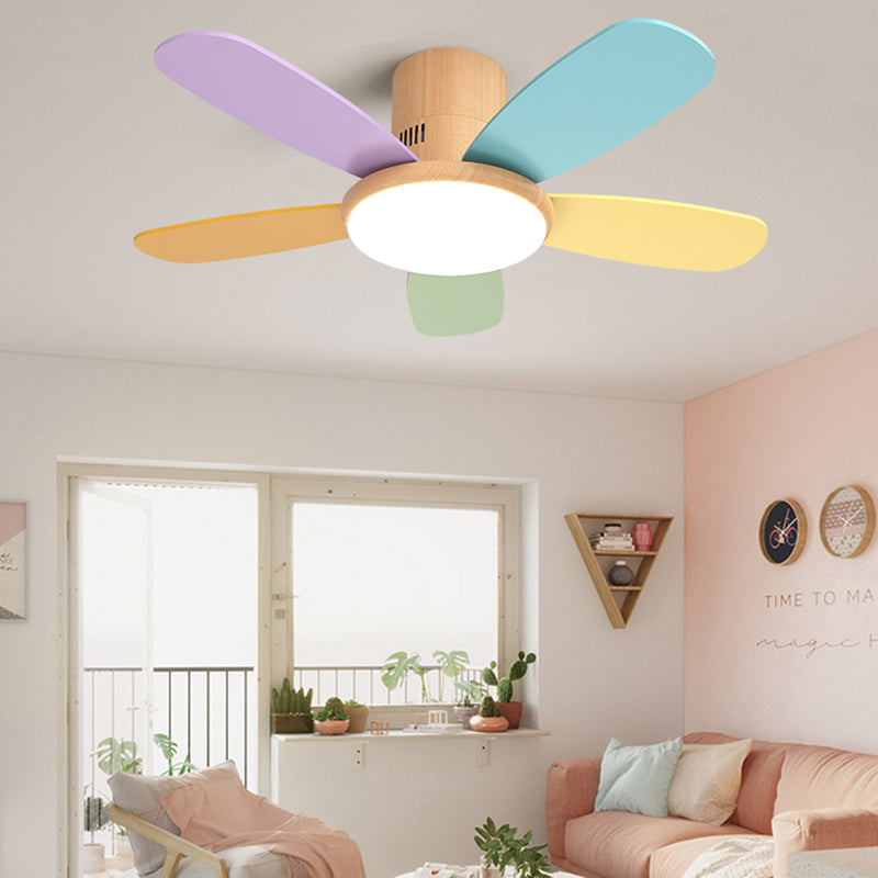 Macaron Flush Mount Fan Lamp Wooden 5 Blades LED Semi Flush Light Fixture for Kids Room