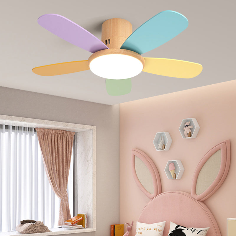 Macaron Flush Mount Fan Lamp Wooden 5 Blades LED Semi Flush Light Fixture for Kids Room
