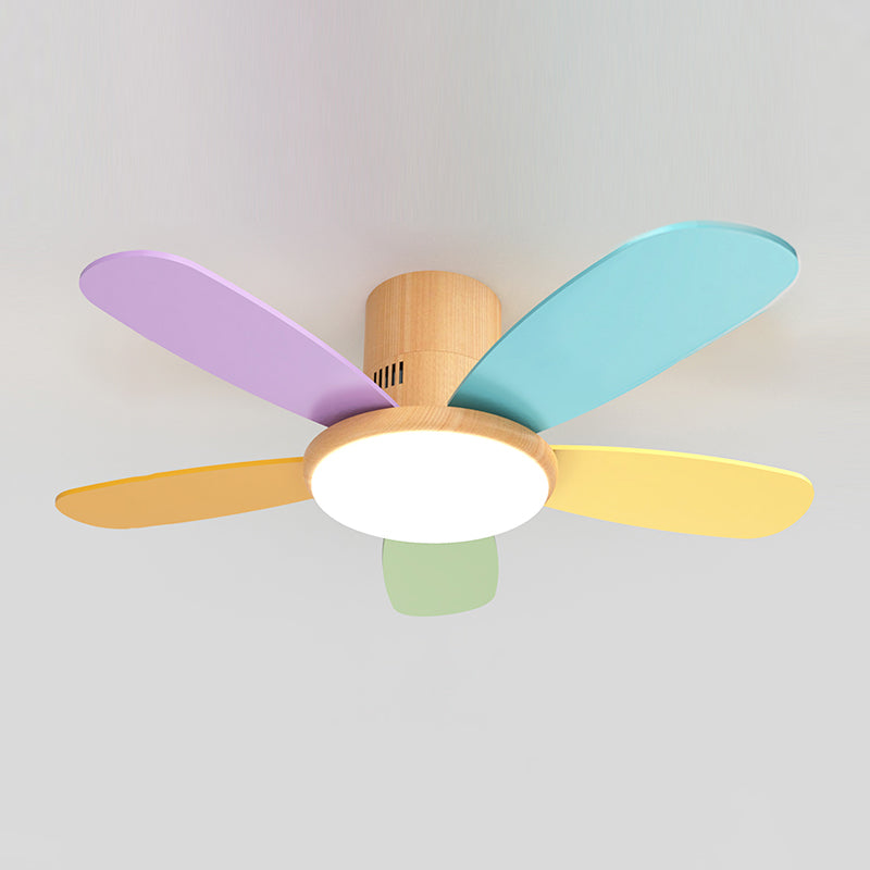 Macaron Flush Mount Fan Lamp Wooden 5 Blades LED Semi Flush Light Fixture for Kids Room