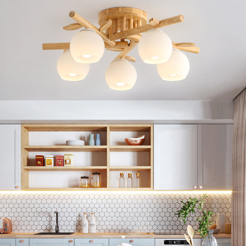 Log Color Indoor Ceiling Fixture in Modern Concise Style Wooden Globe Ceiling Light with Glass Shade