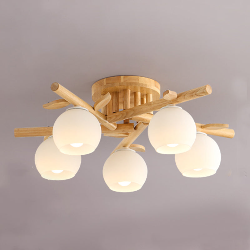Log Color Indoor Ceiling Fixture in Modern Concise Style Wooden Globe Ceiling Light with Glass Shade