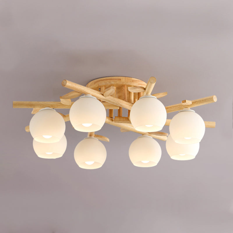 Log Color Indoor Ceiling Fixture in Modern Concise Style Wooden Globe Ceiling Light with Glass Shade
