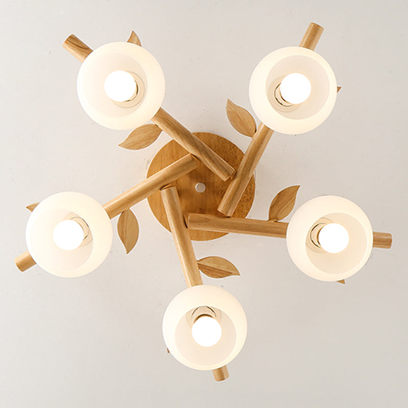 Log Color Indoor Ceiling Fixture in Modern Concise Style Wooden Globe Ceiling Light with Glass Shade