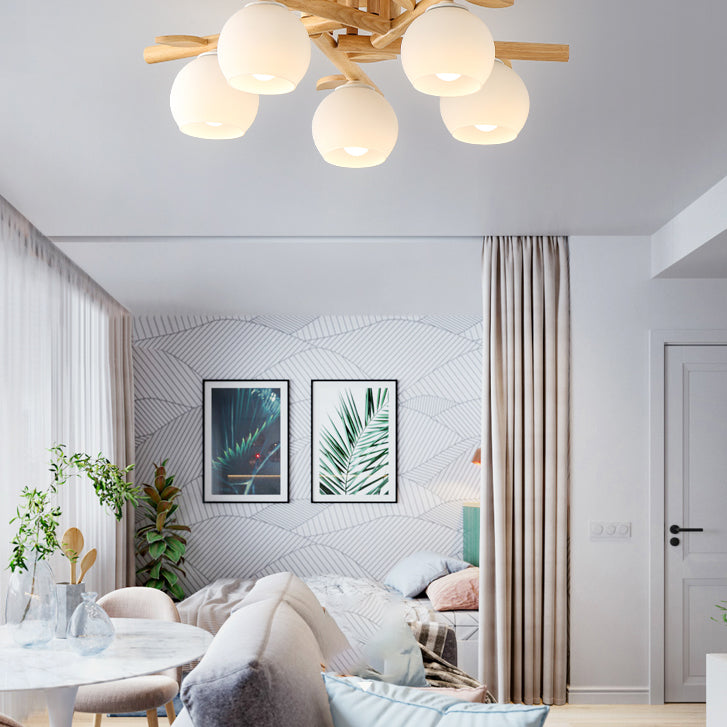 Log Color Indoor Ceiling Fixture in Modern Concise Style Wooden Globe Ceiling Light with Glass Shade
