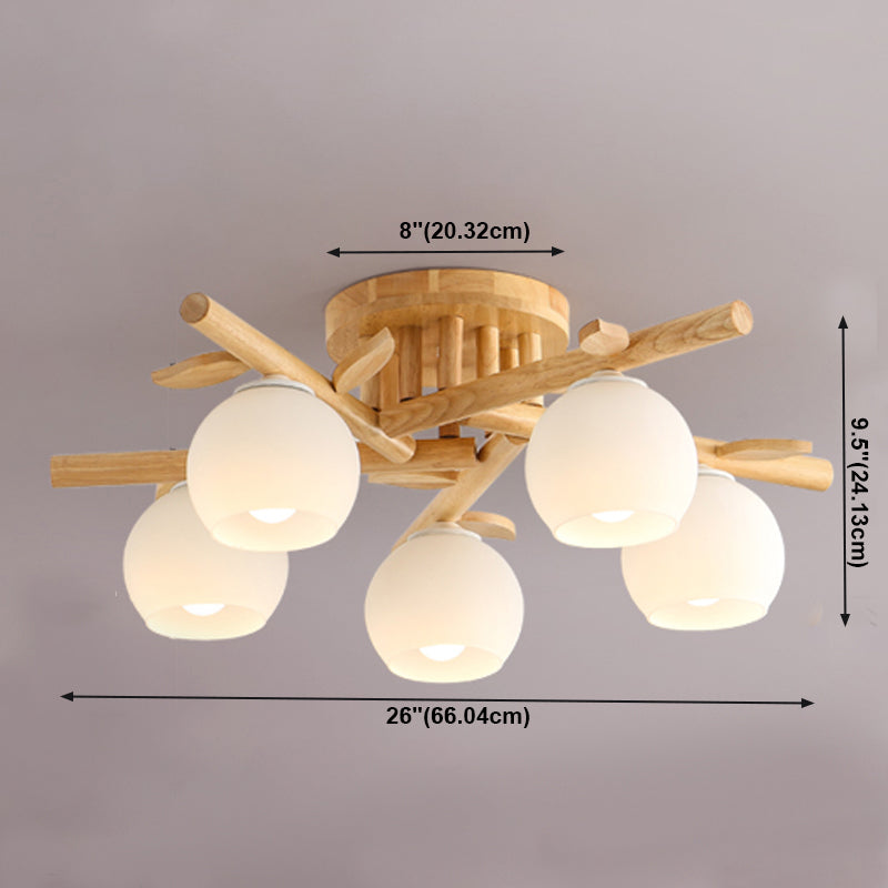 Log Color Indoor Ceiling Fixture in Modern Concise Style Wooden Globe Ceiling Light with Glass Shade