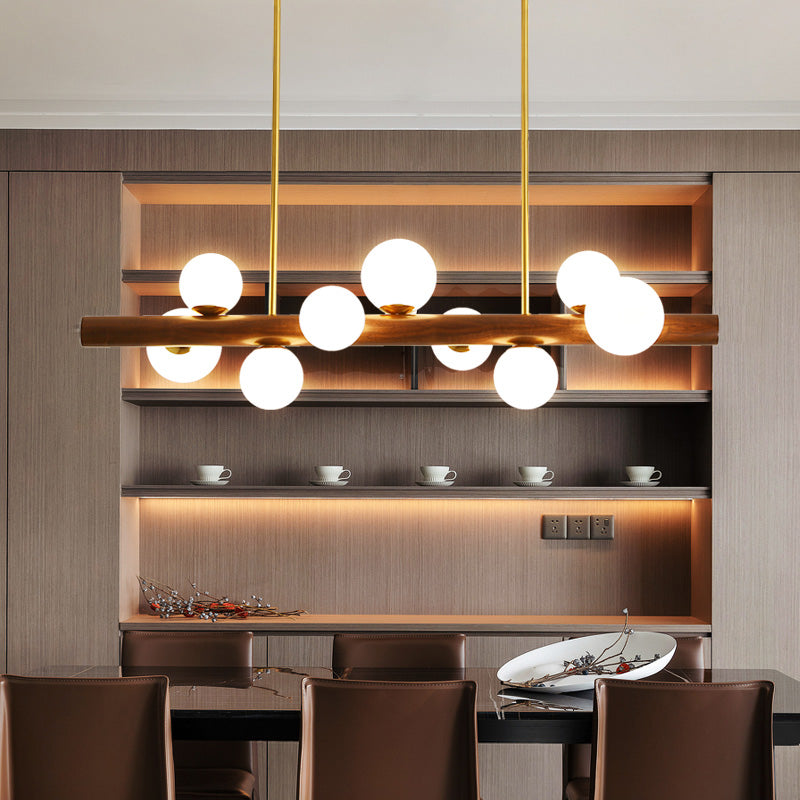 Sfera Isola Light Contemporary Wood Isola lampadario con tonalità di vetro