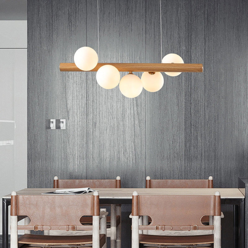 Globe Island Light Fixtures Contemporary Wood Island Chandelier with White Glass Shade