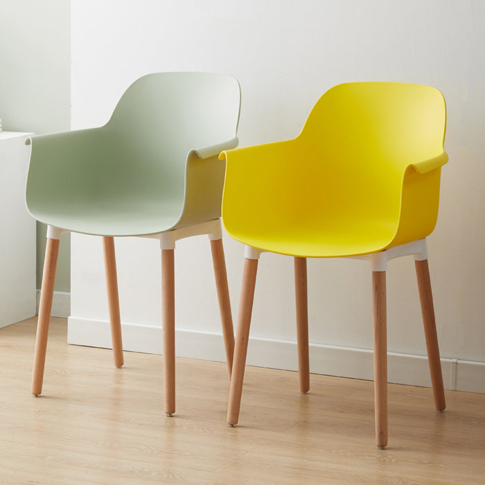 Scandinavian Dining Arm Chairs Plastic Armchairs with Wood Legs (Set of 4)