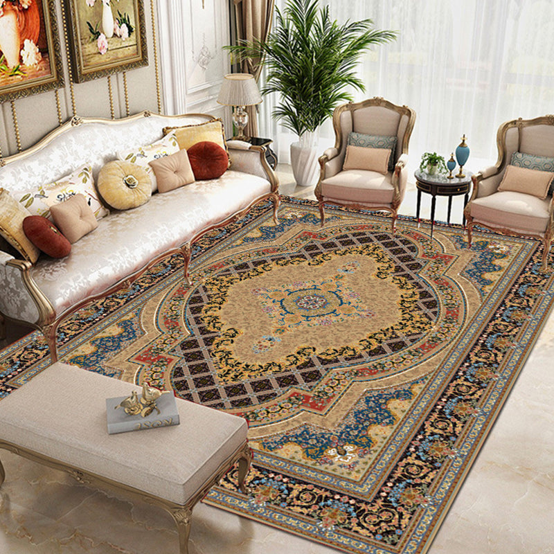 Moroccan Polyester Rug Retro Medallion Print Carpet Stain Resistant Area Carpet for Home Decor