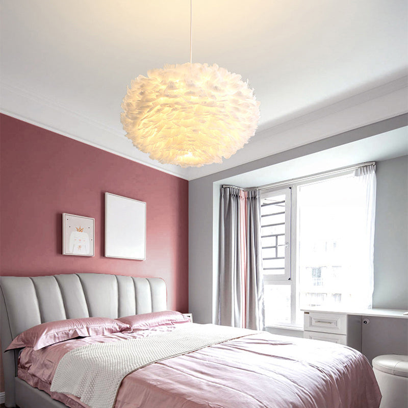 Feather White Hanging Lamp in Modern Style Round Shaped Indoor Pendant Light