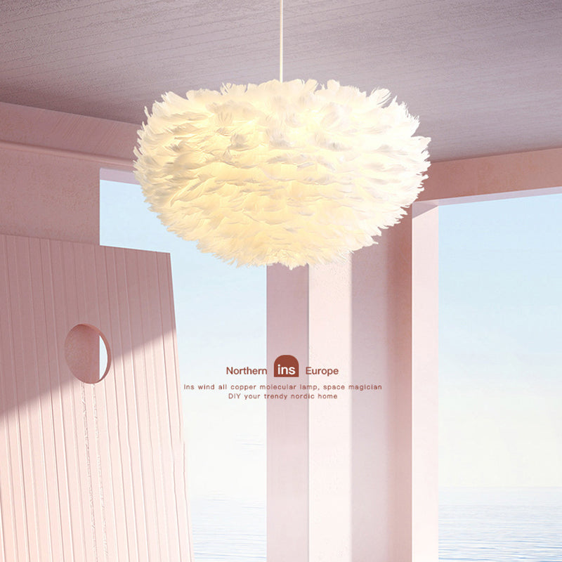 Feather White Hanging Lamp in Modern Style Round Shaped Indoor Pendant Light
