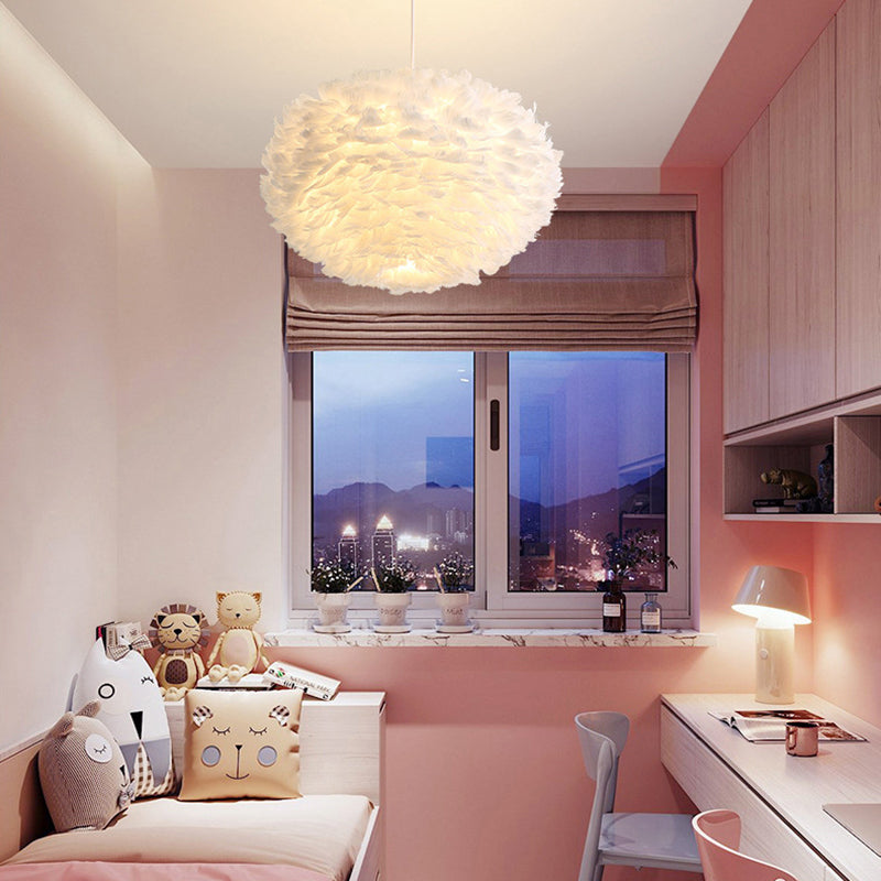 Feather White Hanging Lamp in Modern Style Round Shaped Indoor Pendant Light