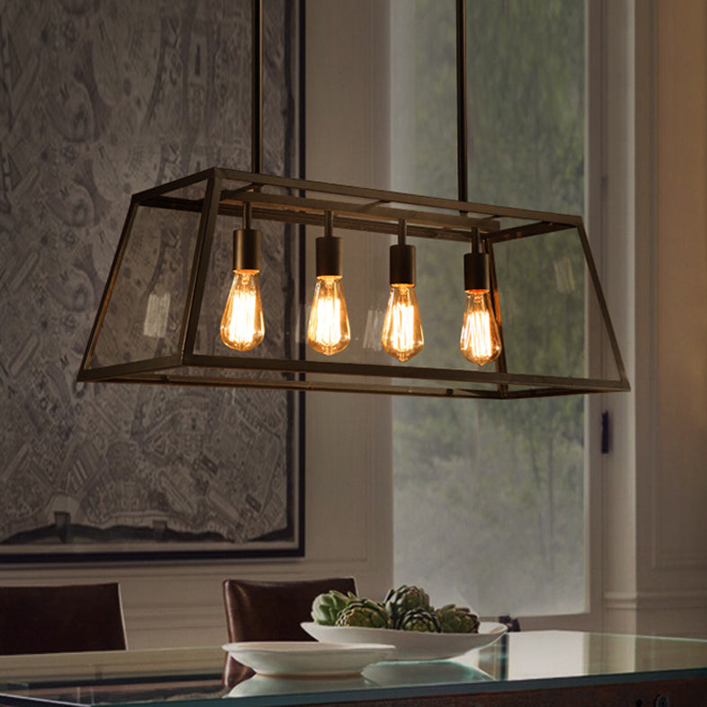 Glass Linear Island Light 4-Bulbs Industrial Dinning Room Pendant Lamp in Black