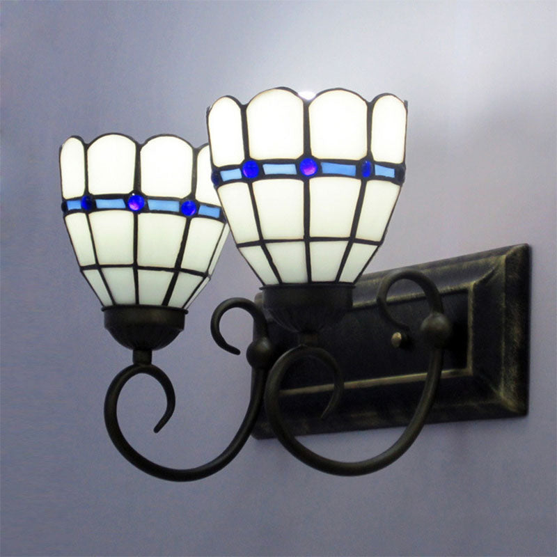 2-Bulb Handcrafted Art Glass Wall Lamp Tiffany Antiqued Bronze Bell Shaped Bathroom Vanity Light