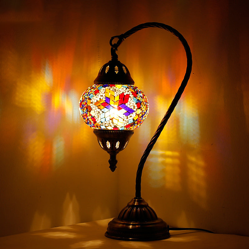 Asian Lantern Nightstand Light 1 Bulb Hand Cut Glass Night Lamp with Gooseneck Arm for Drawing Room