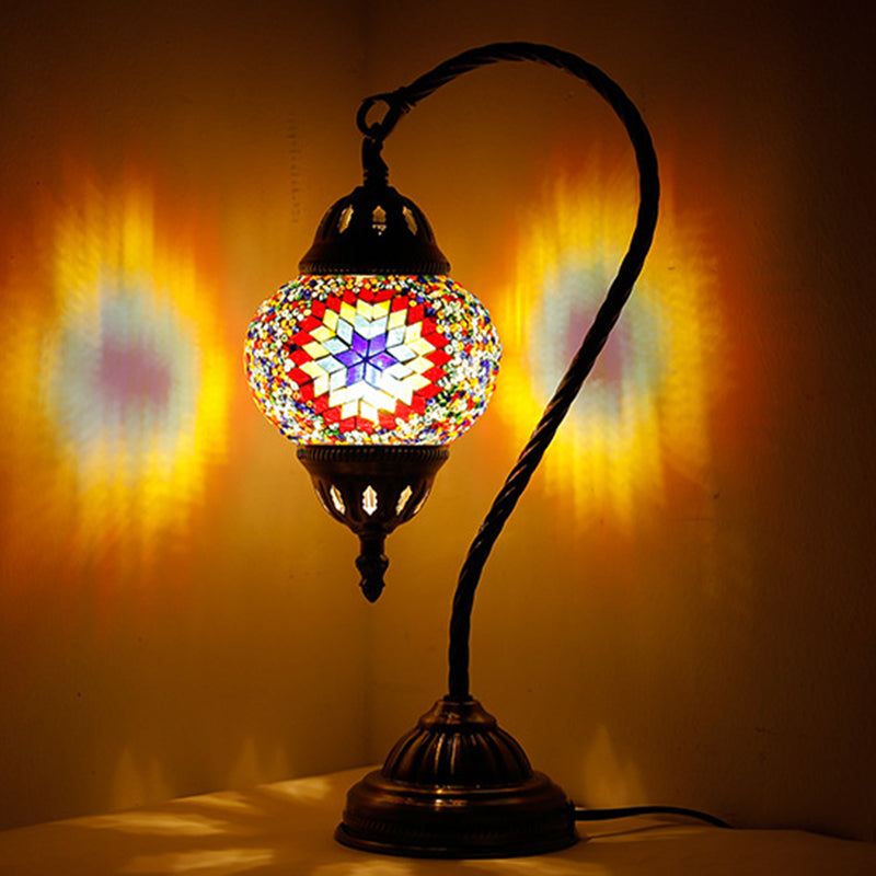 Asian Lantern Nightstand Light 1 Bulb Hand Cut Glass Night Lamp with Gooseneck Arm for Drawing Room