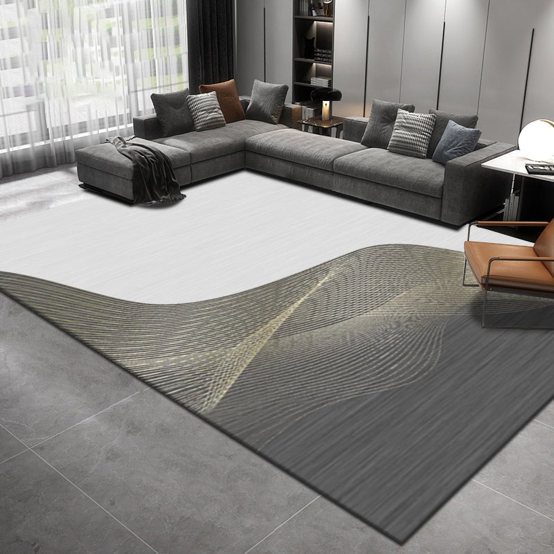 Blue Living Room Rug Geometric Print Polyester Area Rug Non-Slip Backing Area Carpet