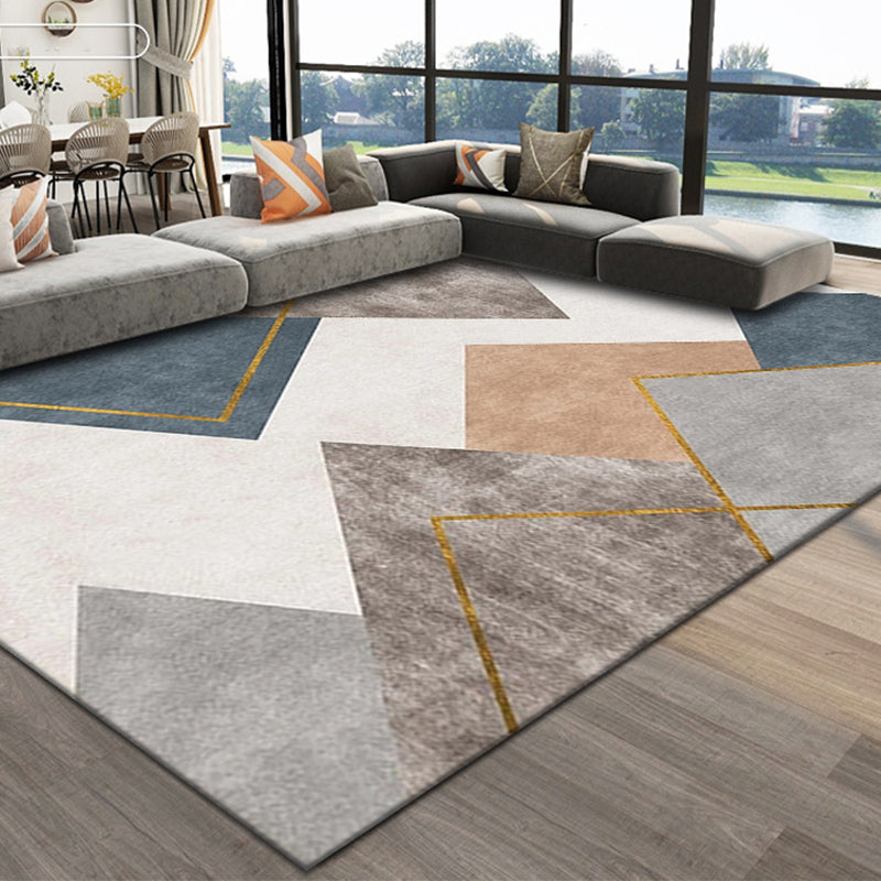 Blue Living Room Rug Geometric Print Polyester Area Rug Non-Slip Backing Area Carpet