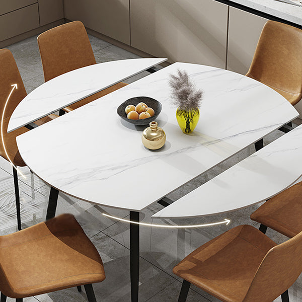 Extendable Round Dining Table Modern Sintered Stone Top Table with Metal 4 Legs