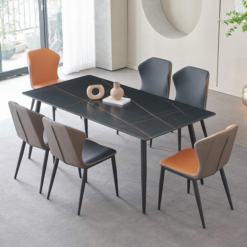 Mesa de comedor rectangular industrial de metal, mesa de piedra sinterizada con patas negras