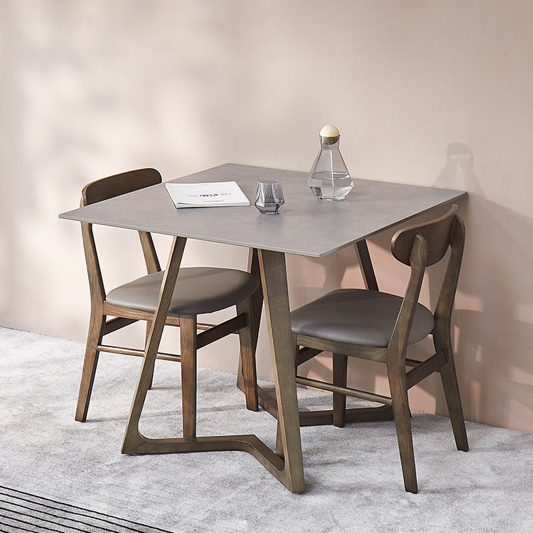Square Grey Tone Dining Table Sintered Stone Table Industrial with Double Pedestal