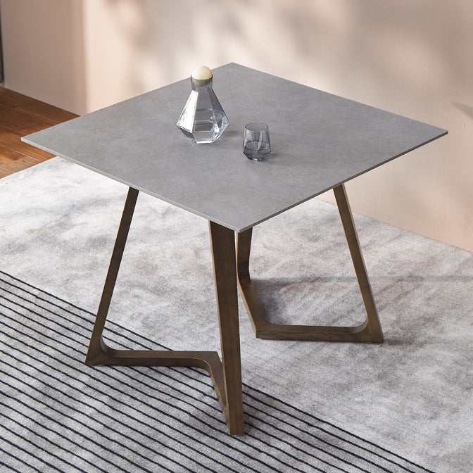 Square Grey Tone Dining Table Sintered Stone Table Industrial with Double Pedestal
