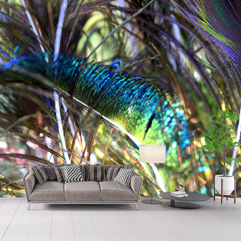 Tropical Peacock Feather Wall Mural Wallpaper Modern Water Resistant Wall Art for House Interior