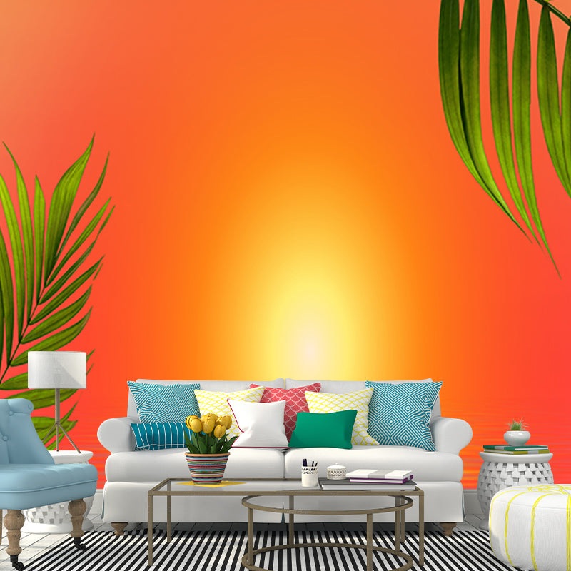 Tropical Leaves Mural Soft Color Stain Resistant Wall Art for Living Room