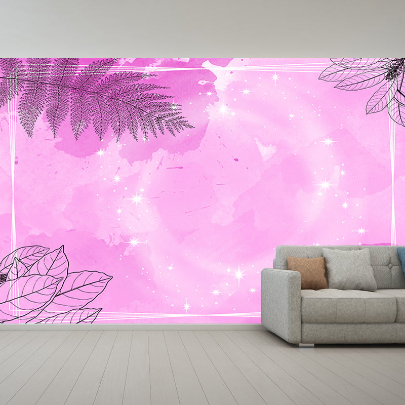 Tropical Plants Illustration Wall Decor Stain Resistant Wall Covering for Dining Room