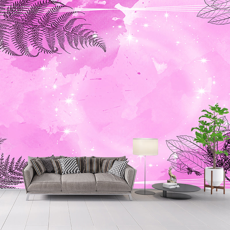 Tropical Plants Illustration Wall Decor Stain Resistant Wall Covering for Dining Room