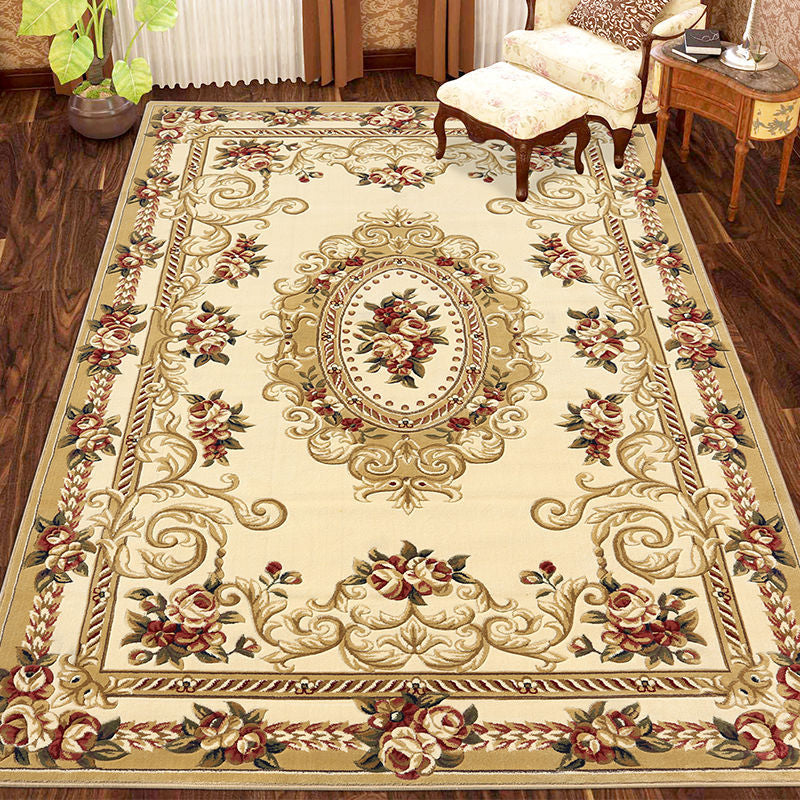 Geel traditioneel gebied tapijt Medaillonpatroon Polyester gebied Rug vlekbestendig vloerkleed voor slaapkamer