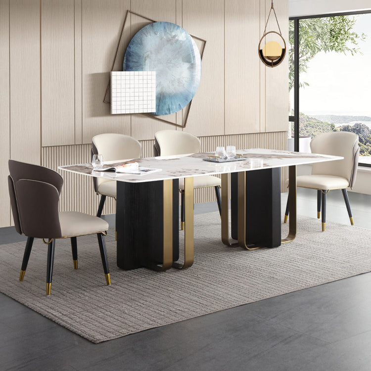Luxury Sintered Stone Top Dining Table Rectangle Table with Double Pedestal in Black and Gold